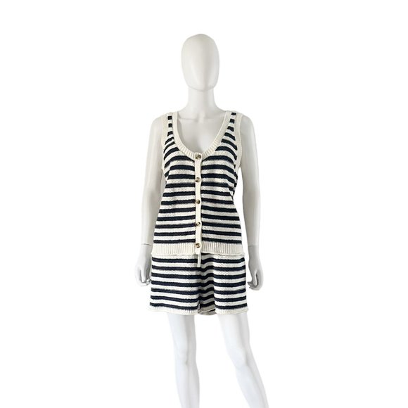 Madewell Striped Bryant Sweater Shorts and Button Front Tank Set Navy White - Picture 1 of 7